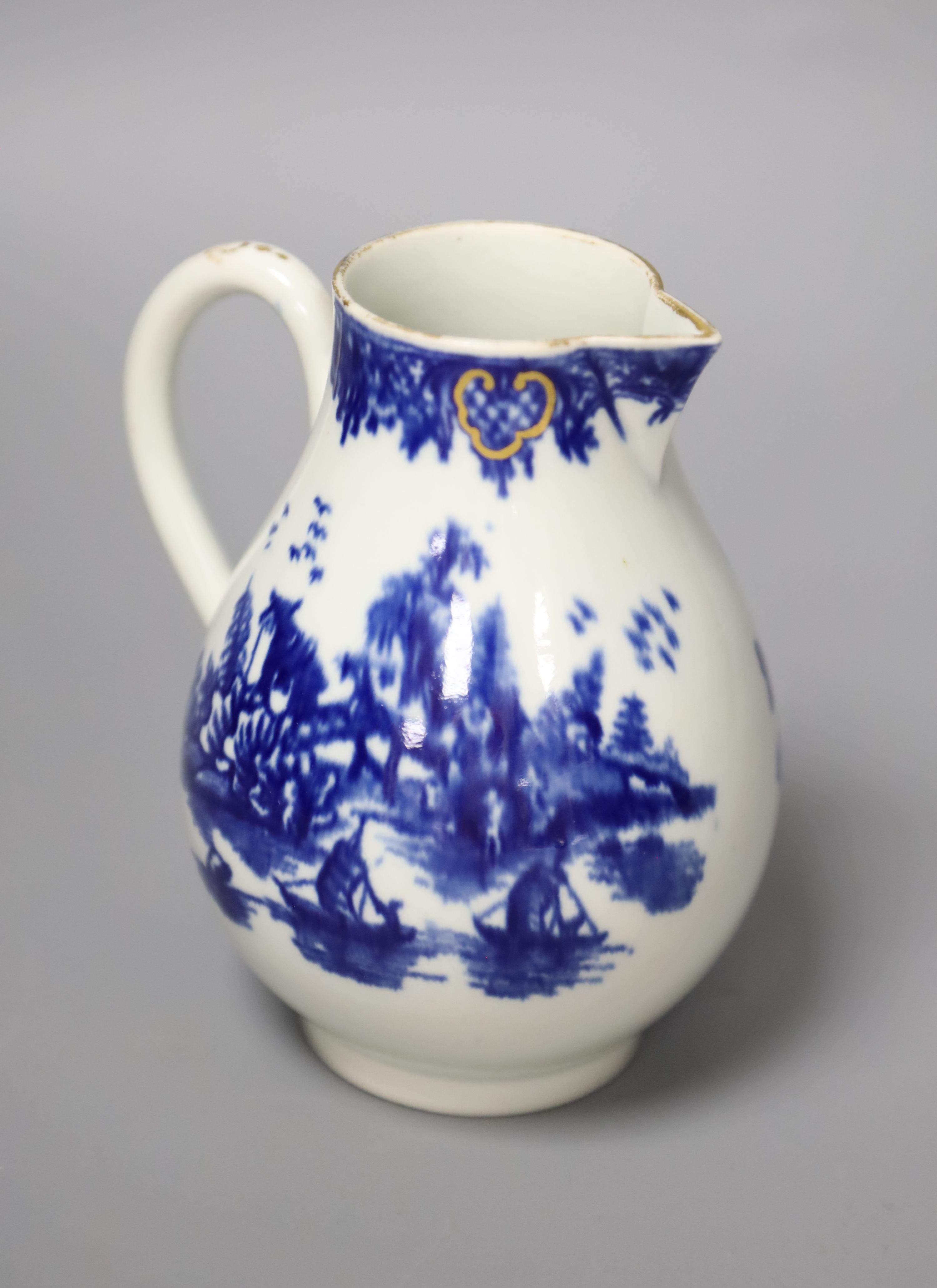 An 18th century Worcester sparrow beak jug with the Argument pattern in blue, disguised numeral mark, height 12cm